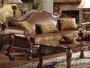 Dresden Brown PU & Chenille, Cherry Oak Sofa w/3 Pillows - Ace Furniture and Decor