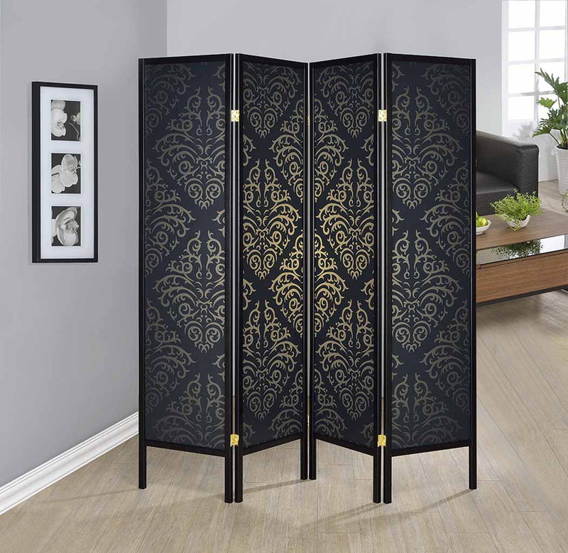 Haidera 4-panel Damask Pattern Folding Screen Black - Ace Furniture and Decor