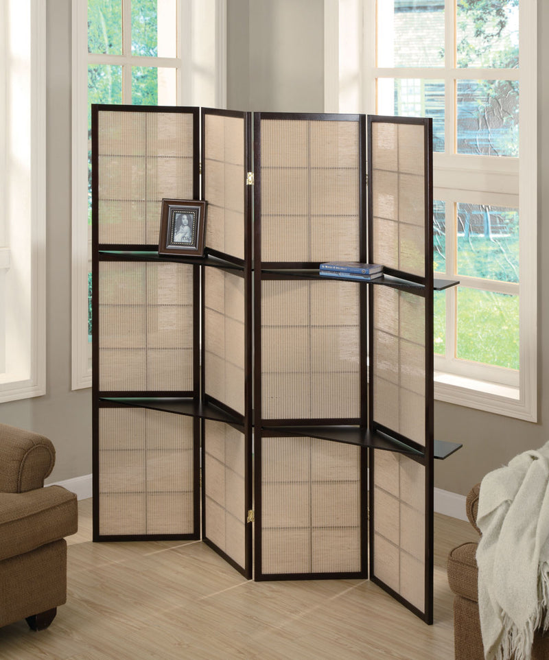Iggy 4-panel Folding Screen with Removable Shelves Tan and Cappuccino - Ace Furniture and Decor