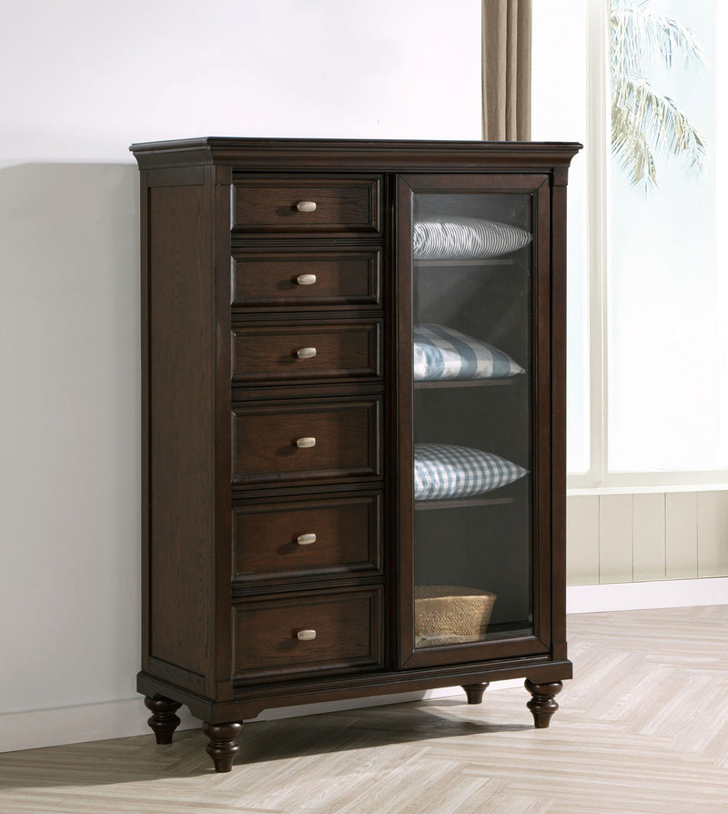 Andover 6-drawer Tempered Glass Door Chest Dark Oak - Ace Furniture and Decor